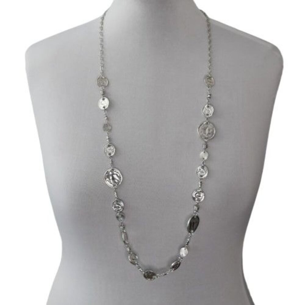 Chicos Wanda Long Necklace Silvetone Coin Inspired New